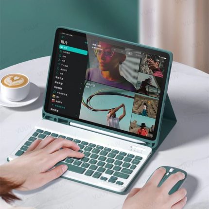 Green Built-in Pen Slot Leather Case Bluetooth Keyboard & Mouse